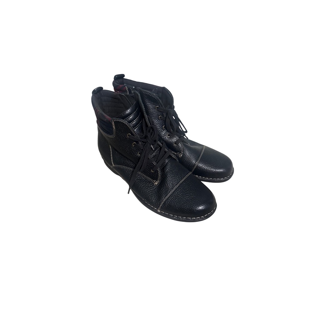 Clarks Black Leather Plaid Trim Ankle Boots Lace Up Zip Size 9.5 26113755